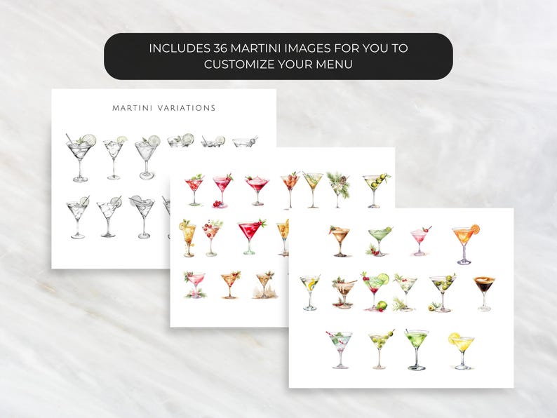 May include: A set of 36 watercolor illustrations of martini glasses with various garnishes. The illustrations are perfect for customizing a menu or creating a cocktail-themed design.