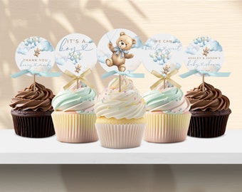 Can Bearly Wait Cupcake Toppers. Editable Blue Balloon Teddy Bear Cupcake Toppers. Boy Shower Decor Ideas. Printable Instant Download. BS18
