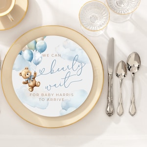 Bearly Wait Charger Insert. Boy Bear With Balloons Custom Baby Shower Decor. Blue We Can Bearly Wait. Editable Template. Printable. BS18
