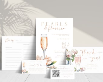 May include: A set of printable bridal shower invitations featuring a watercolour design with champagne glasses, pearls, and magnolia flowers. The invitation text reads "Pearls & Prosecco" and includes the date, time, and location of the event. The set also includes a recipe card, a thank you card, and a card with a QR code for the bridal registry.