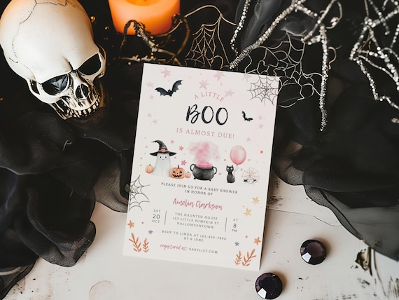 A Little Boo Is Almost Due Baby Shower Invitation Girl. Printable Halloween Pink Ghost Invite. Editable Template. Instant Download. BS82