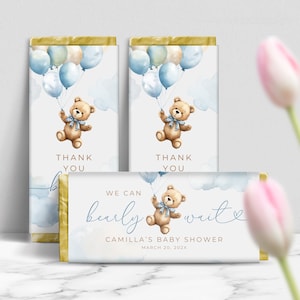 Bearly Wait Chocolate Bar Wrapper. Boy Bear With Balloons Custom Favor. We Can Bearly Wait Baby Shower Candy Label. Editable Template. BS18