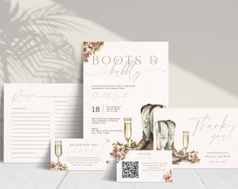 Boots And Bubbly Bridal Invitation Bundle. Country Western Champagne Shower. Editable Template. Printable Thank You & Recipe Card. FLL17