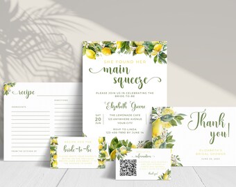 May include: Lemon themed bridal shower invitation set with a watercolor lemon design. The invitation reads "She found her main squeeze" and includes the bride-to-be's name, date, time, and location. The set also includes a recipe card, a thank you card, and a small card with a QR code.