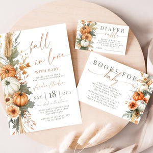 Falling In Love Baby Shower Invitation Bundle. Editable Little Pumpkin Template. Instant Download. Autumn Printable Set. Diaper Raffle. BS89