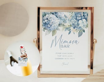 Something Blue Mimosa Bar. Mimosa Bar Sign Dusty Blue. Bridal Shower Bubbly Station. Blue Hydrangea Prosecco Decor. Printable Tag. FLL30
