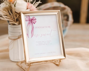 Pink Bow Graduation Is Sweet Sign. Coquette Dessert Table Poster. Editable Please Enjoy a Treat Party Decor. Grad Party Favors Sign. SCH3