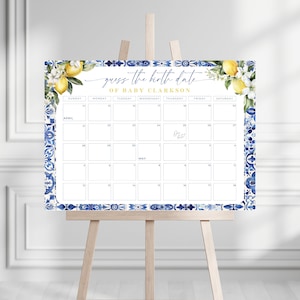 Guess The Baby Due Date. Mama's Main Squeeze Baby Shower Sign. Postiano Blue Tile And Lemon Theme. Editable Birthday Prediction Board. BS52