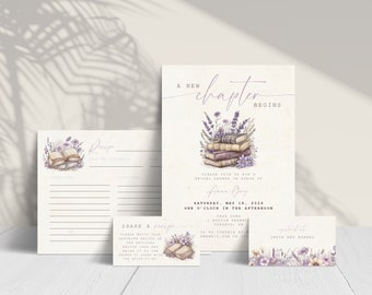 Peut inclure: Ensemble de papeterie avec un design à l'aquarelle. L'invitation indique "Un nouveau chapitre commence" au-dessus d'une pile de livres et de fleurs. Comprend des cartes de recettes et une petite carte avec le texte "Crate and Barrel".