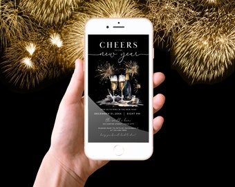 May include: A digital invitation for a New Year's Eve party with a black background and gold fireworks. The text reads "CHEERS TO THE NEW YEAR" with a champagne bottle and two glasses in the center. The invitation includes the date, time, and location of the party.