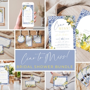 Könnte beinhalten: Eine Kollektion von Brautparty-Papeterie mit blau-weißem Fliesenmuster, Zitronen und floralen Akzenten. Der Text "Ciao to Miss!" ist auf Einladungen, Anhängern und einem Willkommensschild zu sehen. Das Bundle enthält Rezeptkarten und Dankeskarten.