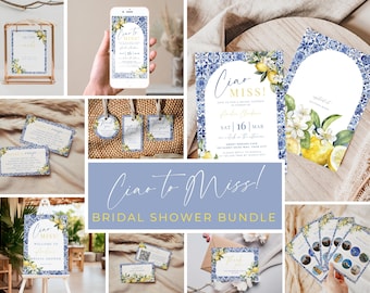 Ciao To Miss Bridal Shower Bundle. Mediterranean Blue Tile Decor. Edit In Canva. Amalfi Coast Shower Invitation Signs Games Favors. WS06
