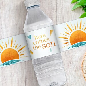 Here Comes The Son Baby Shower Sticker. Water Bottle Label. Editable Template. Personalized Drink Label. Printable Bottle Wrapper. BS13