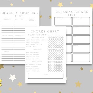 Op de afbeelding: Afdrukbare checklist-kaart met secties voor boodschappen, schoonmaaktaken en een wekelijkse takenkaart met een raster van cirkels om taken af te vinken. De kaart bevat taken zoals het schoonmaken van de koelkast, het vegen van de vloer, het water geven aan tuinplanten en het voeren van huisdieren.