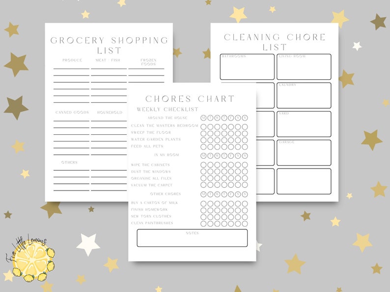Op de afbeelding: Afdrukbare checklist-kaart met secties voor boodschappen, schoonmaaktaken en een wekelijkse takenkaart met een raster van cirkels om taken af te vinken. De kaart bevat taken zoals het schoonmaken van de koelkast, het vegen van de vloer, het water geven aan tuinplanten en het voeren van huisdieren.