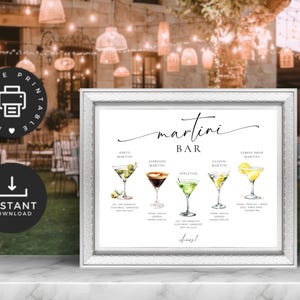 May include: Printable sign for a martini bar with a white background and a silver frame. The sign features a handwritten title "martini bar" and illustrations of five different martini cocktails with their names and ingredients listed below.