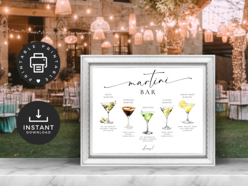 May include: Printable sign for a martini bar with a white background and a silver frame. The sign features a handwritten title "martini bar" and illustrations of five different martini cocktails with their names and ingredients listed below.