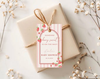 Strawberry Baby Shower Favor Label, Pink Stripe Berry Sweet Thank You Tag (Editable Template) BS46