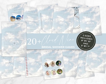 May include: A selection of bridal shower games with a cloud design. The games include activities like bingo, movie quotes, and matching celebrities. The set includes two sizes: 20.3 cm by 25.4 cm and 12.7 cm by 17.8 cm.
