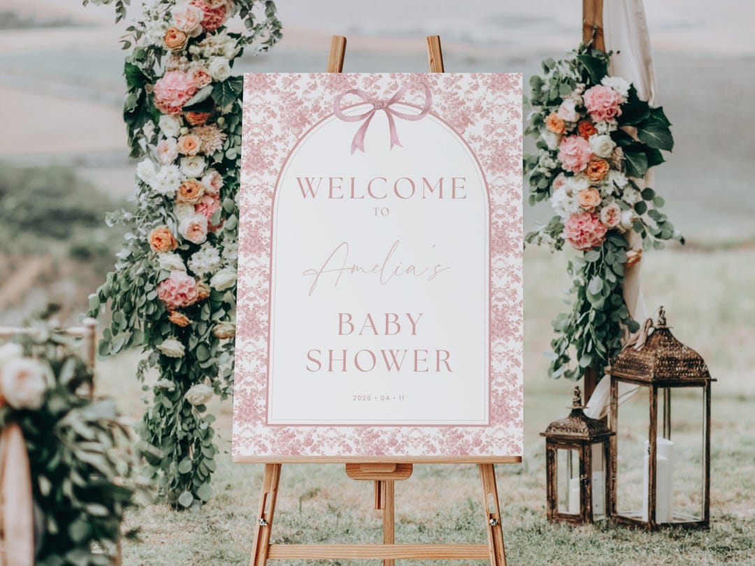 Pink Toile Baby Shower Welcome Sign. Elegant Pink Coquette Bow Welcome ...