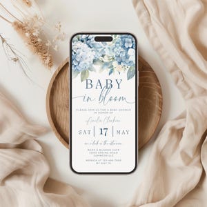 Dusty Blue Baby in Bloom Baby Shower Invitation Digital. Baby Boy Electronic Invitation. Evite Template. Editable Email Phone Invite. BS30