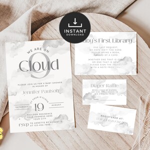 Cloud 9 Baby Shower Invitation Set. Editable Grey Cloud Nine Baby Shower Bundle. Instant Download. Gender Neutral We&#39;re On Cloud 9. FLL13