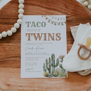Taco Bout Twins Baby Shower. Boho Fiesta Cactus Invitation. Editable Template. Neutral Twin Baby Shower Invite. Instant Download. BS58