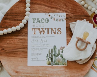 May include: A white baby shower invitation with a green and brown cactus design. The invitation reads "Taco 'Bout Twins" and includes details for the event, including the date, time, and location.
