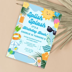 Pool Party 9th Birthday Invitation Boys Pool Party Kid Swim Invite INSTANT DOWNLOAD Summer Birthday Nine year old Printable Editable. HB02