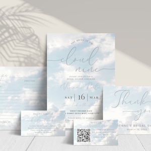 Cloud 9 Bridal Shower Bundle. The Bride Is On Cloud Nine Invitation Package. Editable Template. Instant Download. Print or Text. FLL04