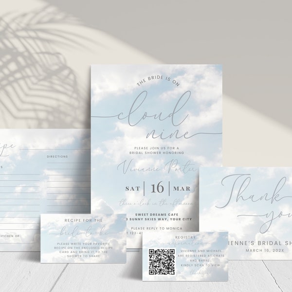 Cloud 9 Bridal Shower Bundle. The Bride Is On Cloud Nine Invitation Package. Editable Template. Instant Download. Print or Text. FLL128