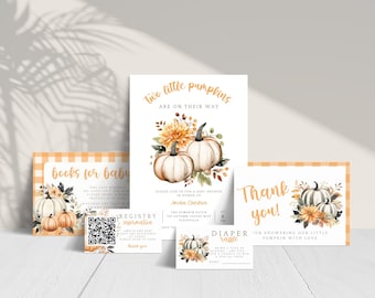 Two Pumpkins Are On The Way Invitation Bundle. Twin Baby Shower Printable Invite Suite. Editable Fall Template. Instant Download. BS21