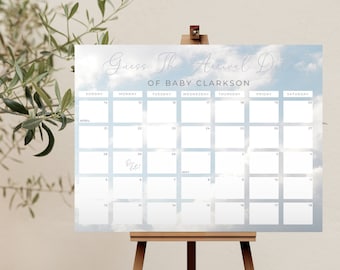 Könnte beinhalten: Ein blauer und weißer Kalender mit Wolken darauf gedruckt. Der Kalender trägt den Titel "Erraten Sie das Ankunftsdatum von Baby Clarkson". Der Kalender ist für April und Mai.