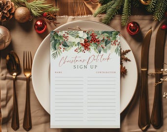 Puede incluir: Un cartel blanco con un diseño floral verde y rojo. El cartel dice "Christmas Potluck Sign Up" y tiene líneas para nombres y contribuciones.