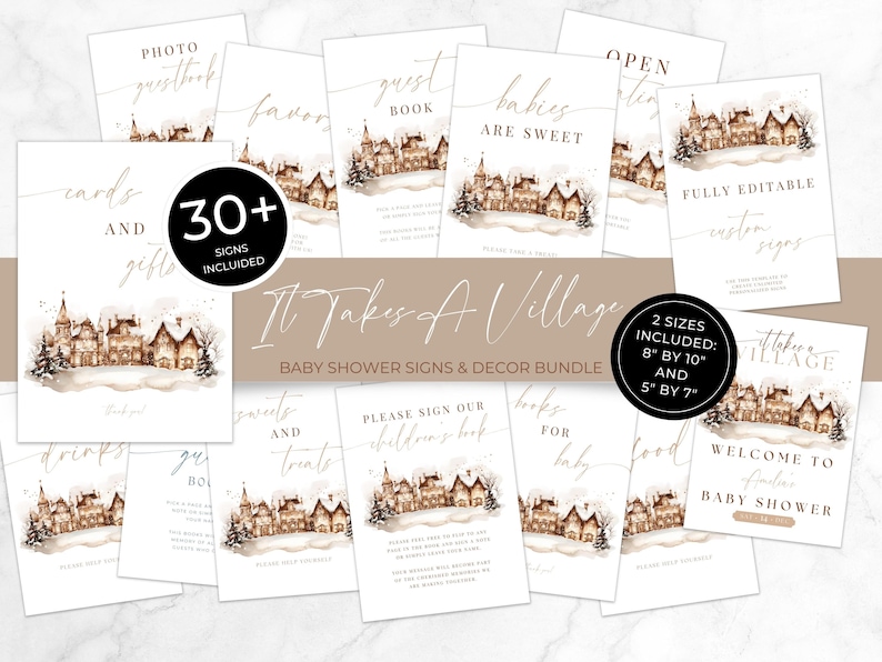 May include: A collection of baby shower signs and decor, featuring a winter village watercolor design. The signs include phrases like "Guest Book," "Babies are Sweet," and "Welcome to the Family." Includes two sizes: 8" by 10" and 5" by 7".