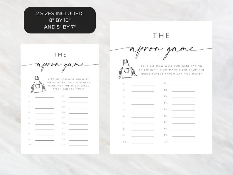 Printable Bridal Shower Apron Game. Guess the Items on Apron Wedding ...