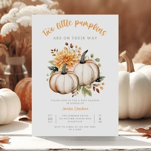 Two Little Pumpkins Baby Shower Invitation. Twin Pumpkin Printable Invite. Editable Template. Two Little Pumpkins Are On Their Way. BS21