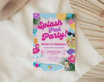 Girls Birthday Invitation For Splash Pad. Editable ANY AGE Splash Pad Park Party. Pink Summer Water Party Invite. Digital Template. HB03