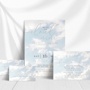 On Cloud Nine Baby Shower Invitation Bundle. Gender Neutral. Editable Cloud 9 Invite. Instant Download. Printable Set. Diaper Raffle. BS04