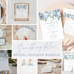 Something Blue Before I Do Shower Bundle. Dusty Blue Hydrangea Wedding Shower Invitation Template. Printable Bridal Games & Signs. FLL30