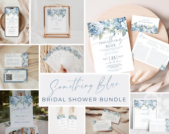 Something Blue Before I Do Shower Bundle. Dusty Blue Hydrangea Wedding Shower Invitation Template. Printable Bridal Games & Signs. FLL30