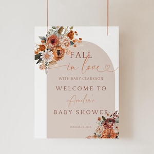 Fall In Love Baby Shower Sign. Autumn Terracotta Florals Welcome Poster Printable. Boho Arch Falling In Love Decor. Editable Template. BS20