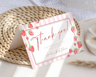 Strawberry Baby Shower Thank You Cards. Berry Sweet Pink Stripes (Editable, Instant Download) BS46