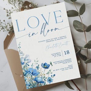 Dusty Blue Love In Bloom Bridal Shower Invite. Something Blue Wildflower Invitation. Editable Template. Instant Download. Printable. FLL07