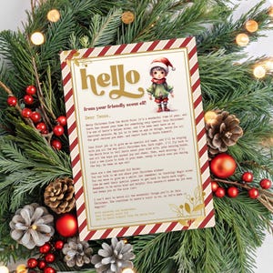 May include: A rectangular letter from a scout elf featuring the text hello from your friendly scout elf at the top. The letter includes a printed message about Christmas, a small illustration of an elf, and a red and white striped border design.