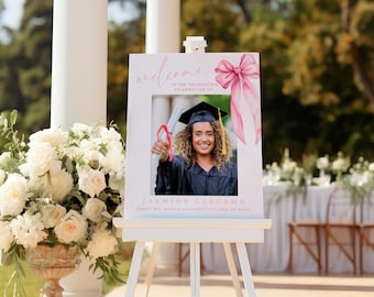 Pink Bow Graduation Welcome Sign. Coquette Grad Welcome Sign Template. Photo Graduation Poster. Editable Pink College Grad Party Sign. SCH3