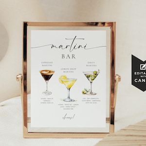 May include: A printable sign for a martini bar with illustrations of three different martini cocktails: espresso martini, lemon drop martini, and dirty martini. The sign includes the ingredients for each cocktail and the text "martini bar" and "cheers!"