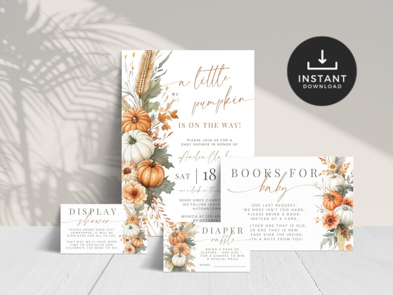 May include: A set of white baby shower stationery featuring watercolor illustrations of orange and white pumpkins, dried wheat, and autumn leaves. The cards include text such as A little pumpkin is on the way, Books for baby, Display shower, and Diaper raffle.
