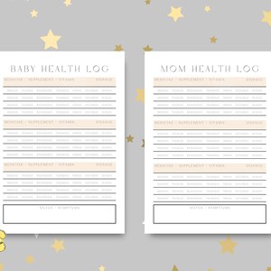 Op de afbeelding: Printbare logbladen voor het bijhouden van de gezondheid van baby en moeder. De bladen hebben kolommen voor medicijnen, supplementen, vitamines en dosering. Er is ook een sectie voor notities en symptomen.