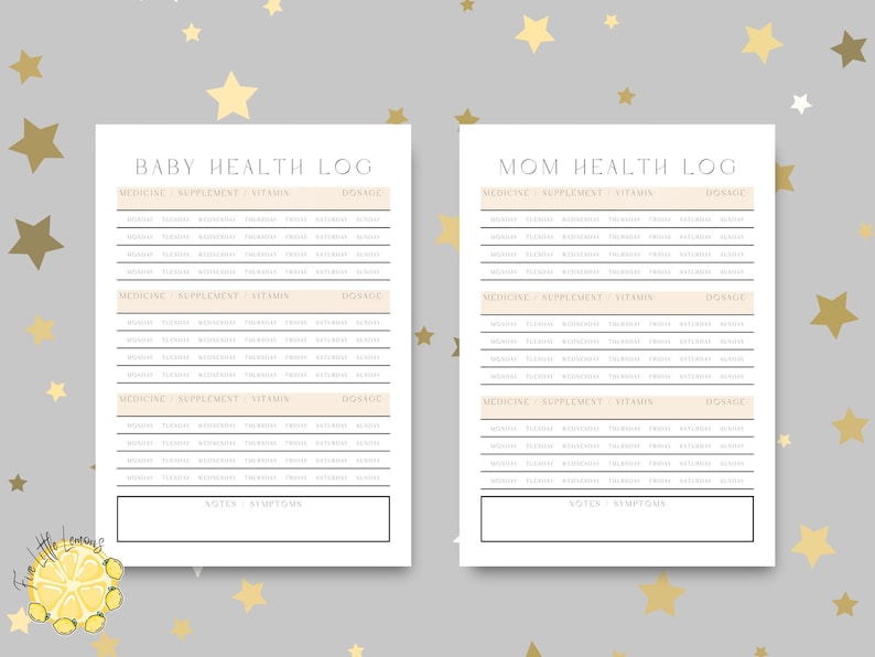 Op de afbeelding: Printbare logbladen voor het bijhouden van de gezondheid van baby en moeder. De bladen hebben kolommen voor medicijnen, supplementen, vitamines en dosering. Er is ook een sectie voor notities en symptomen.